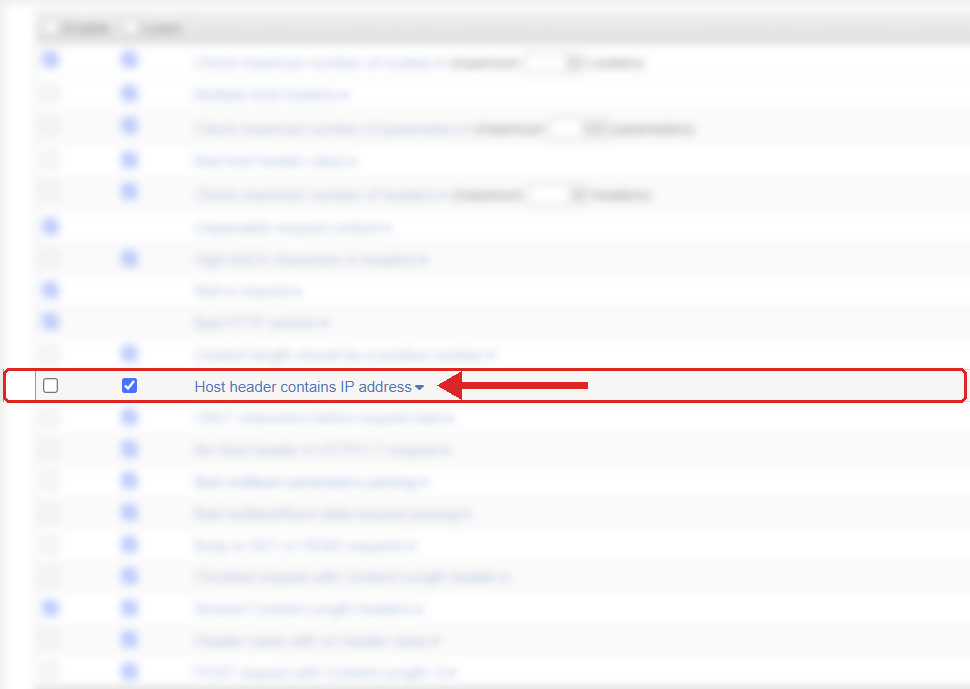 F5 ASM Learning and Blocking Settings, HTTP protocol compliance list with Host header contains IP address highlighted