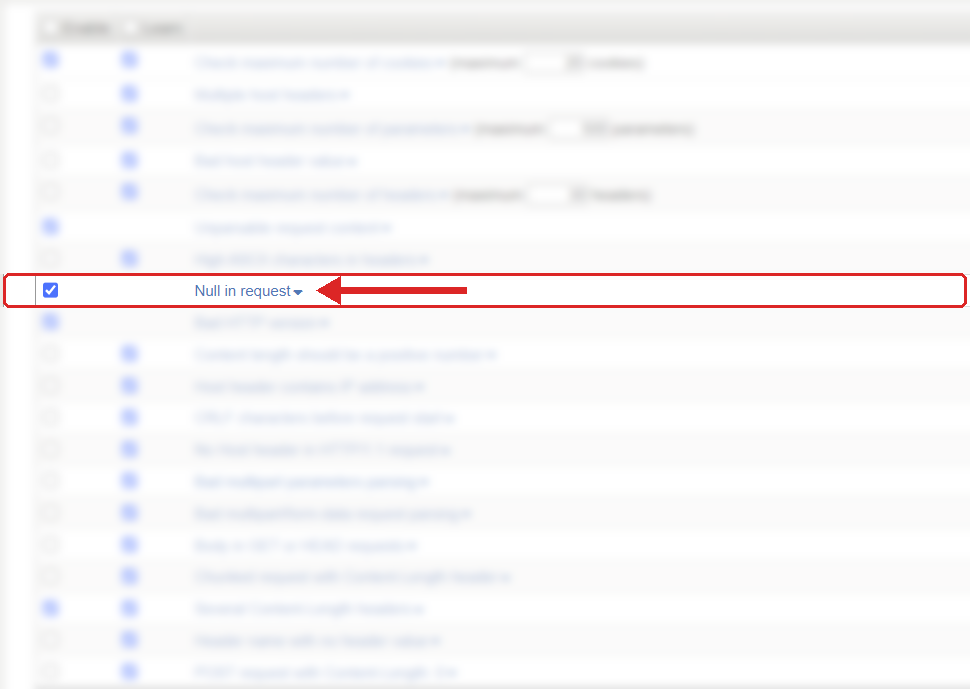 F5 ASM Learning and Blocking Settings, HTTP protocol compliance list with Null in request highlighted