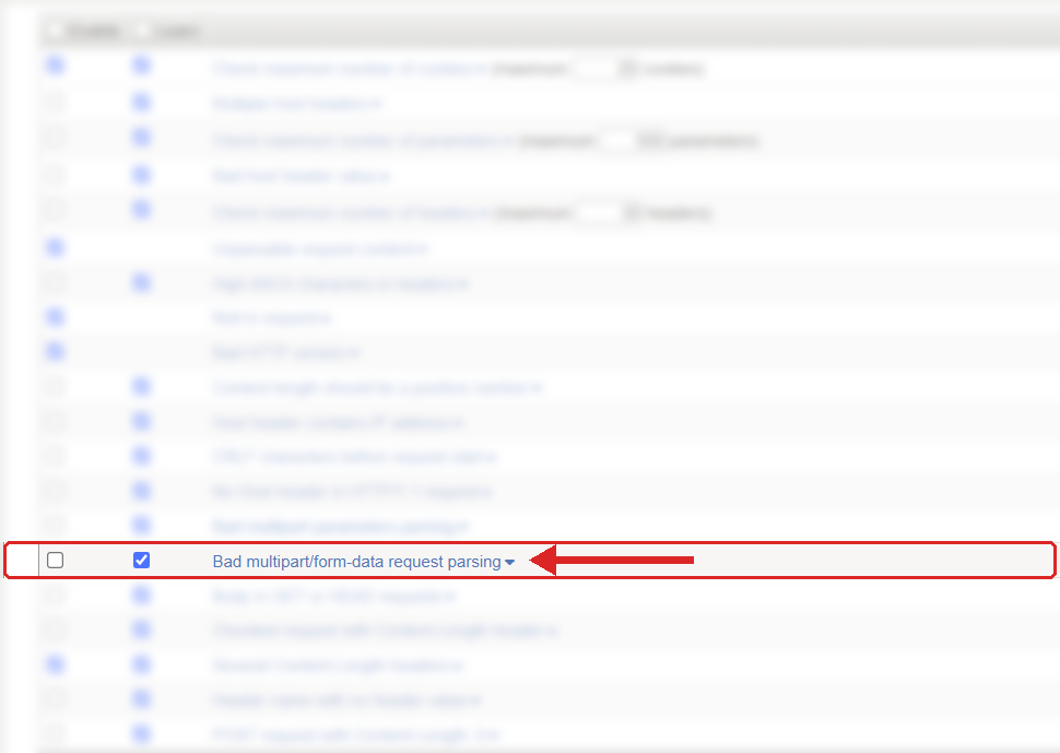 F5 ASM Learning and Blocking Settings, HTTP protocol compliance list with Bad multipart/form-data request parsing highlighted