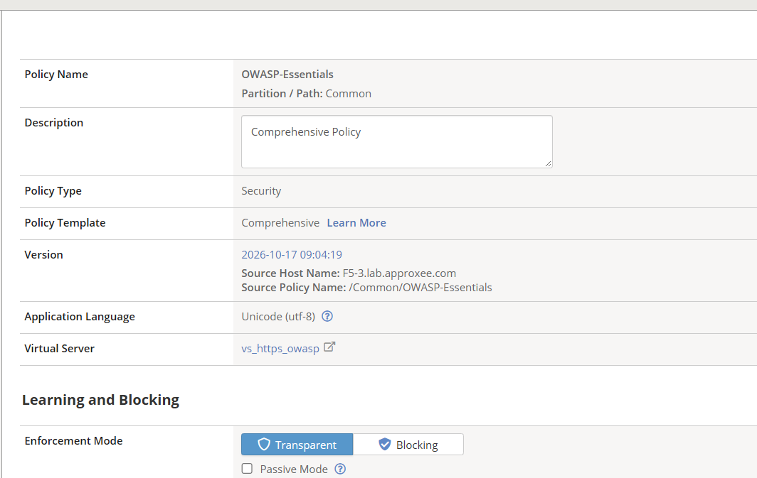 ASM policy General Settings for OWASP-Essentials with Enforcement Mode set to Transparent