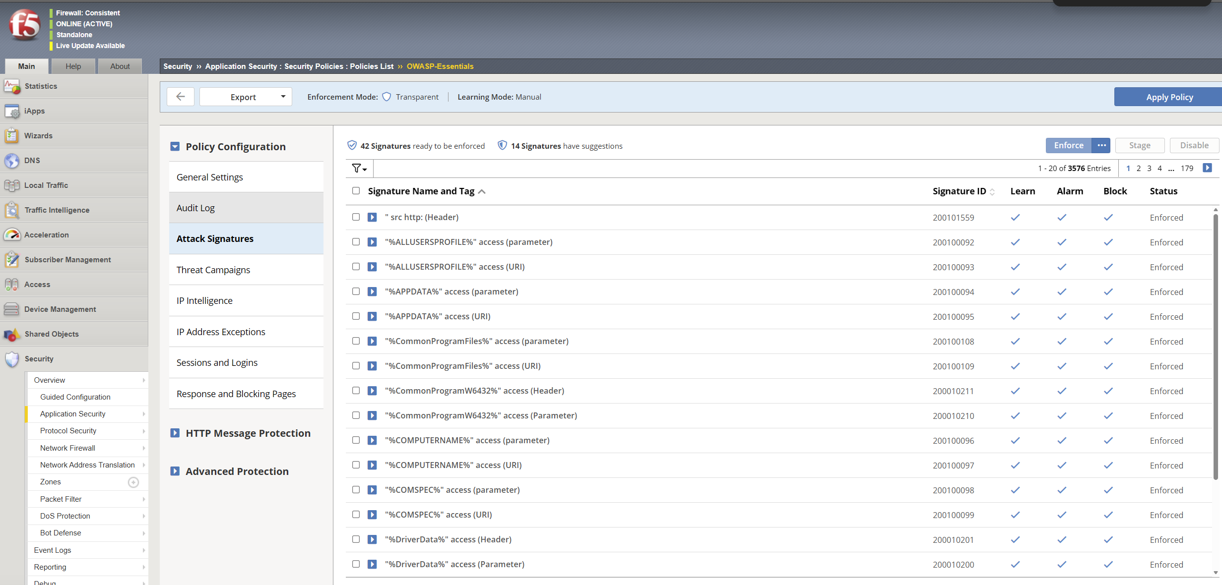 ASM attack signature list with Learn, Alarm and Block flags