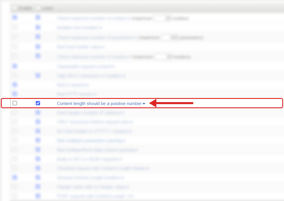 F5 ASM Learning and Blocking Settings, HTTP protocol compliance list with Content length should be a positive number highlighted