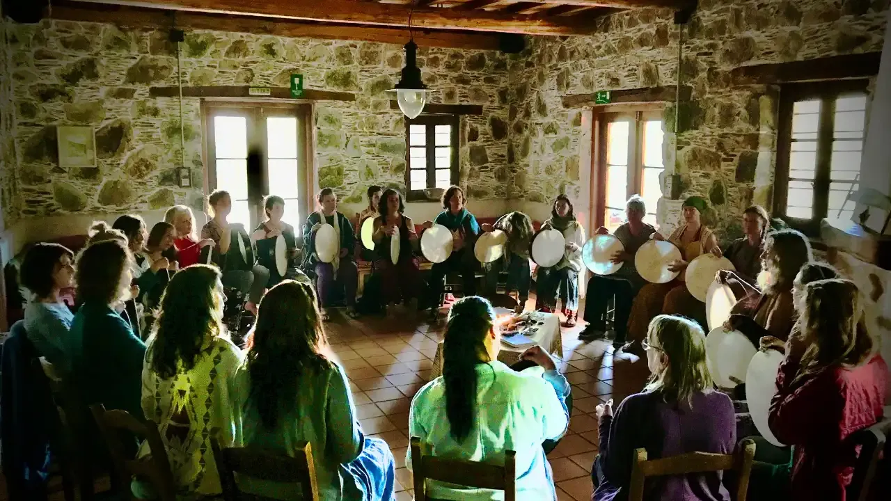 Krista Holland and a group of frame drummers on retreat at Milia Mountain in Crete, Greece width="1280" height="720"px