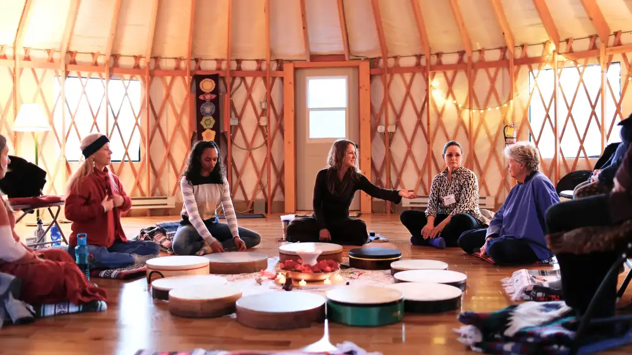 Krista Holland leading a frame drumming retreat at Georgia OKeeffe's Ghost Ranch in New Mexico width="1280" height="720"px