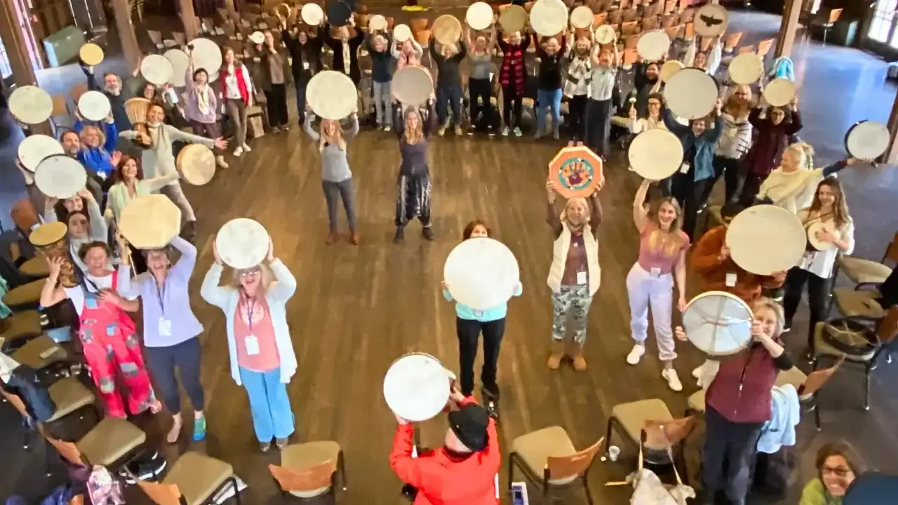 Krista Holland leading frame drumming circle and retreat for the Shift Network at Asilomar, California