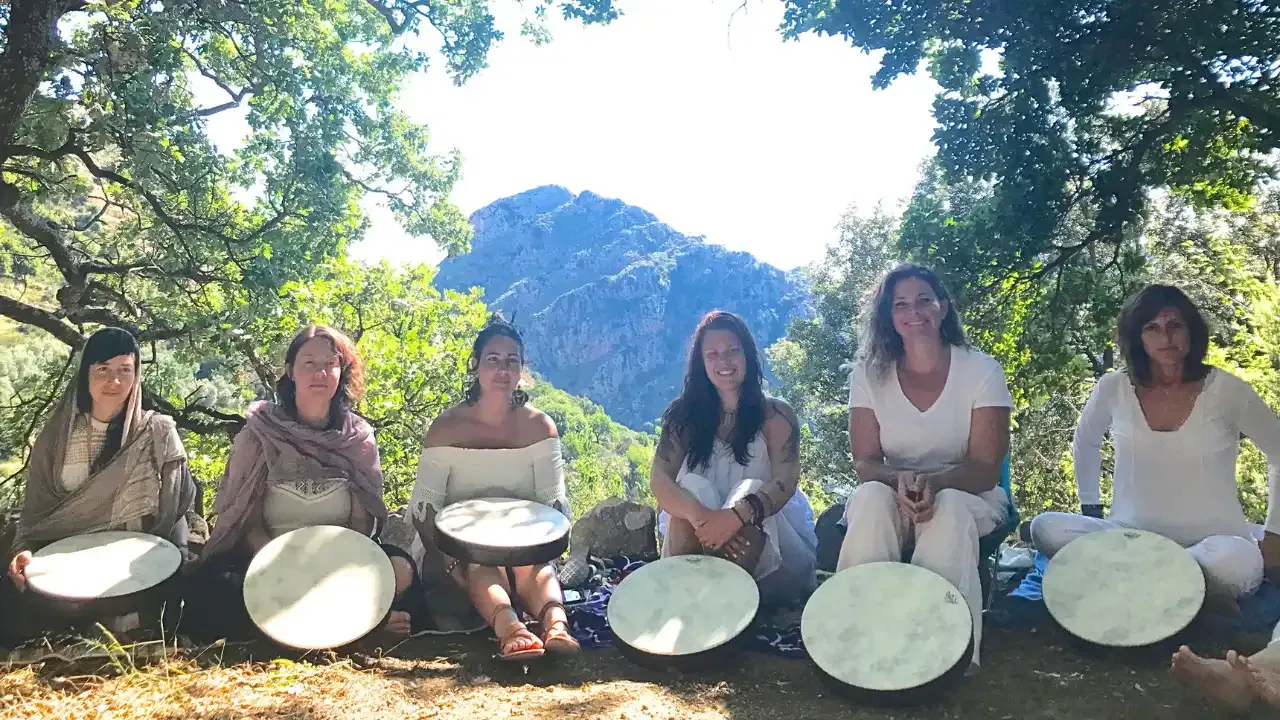 A group of women with frame drums in Crete, Greece