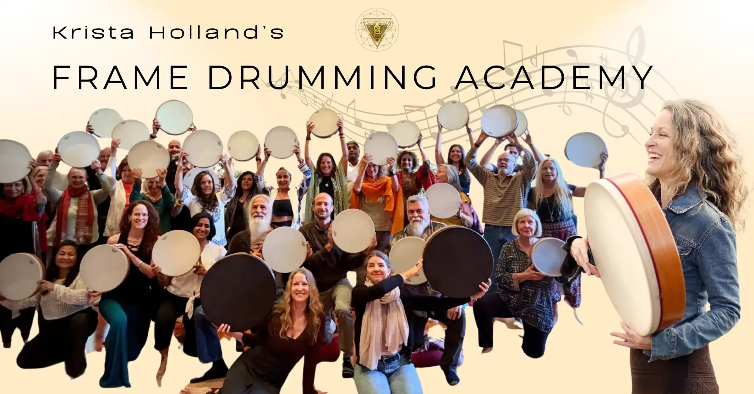 Krista Holland and a group of 30 men and women holding their frame drums and smiling 1280 x 720