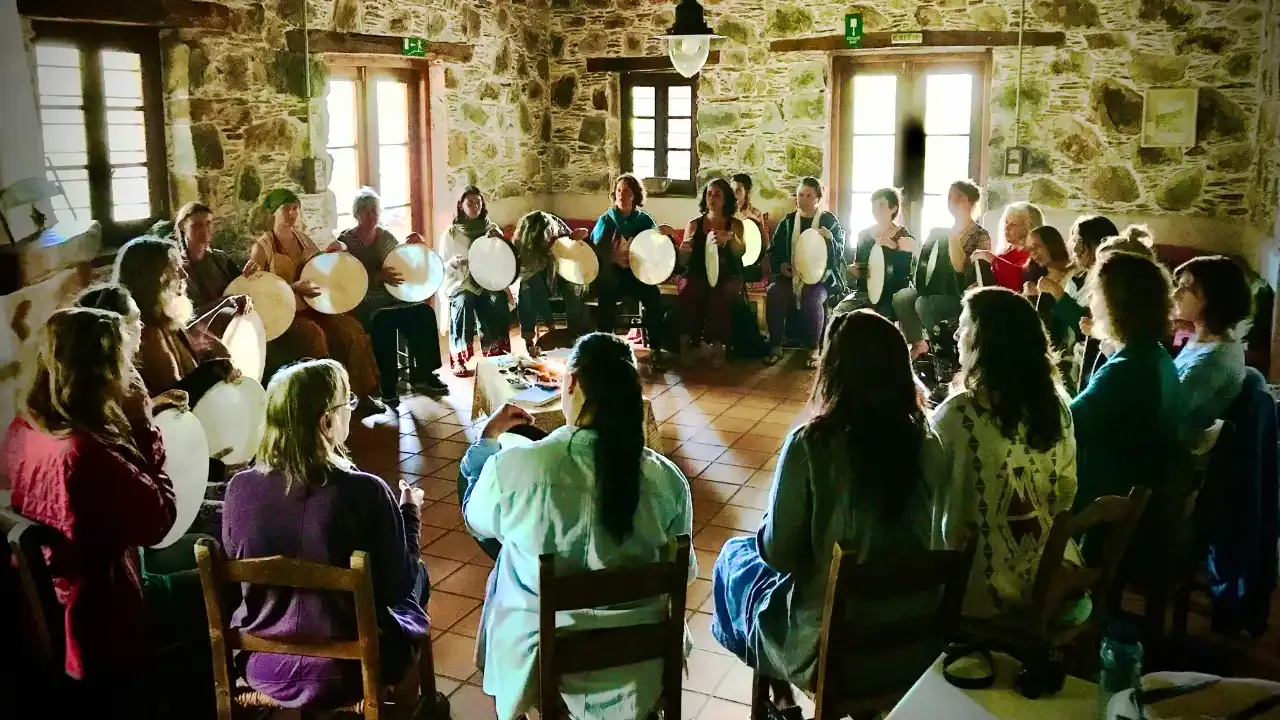 Krista Holland and a group of frame drummers on retreat in Crete, Greece