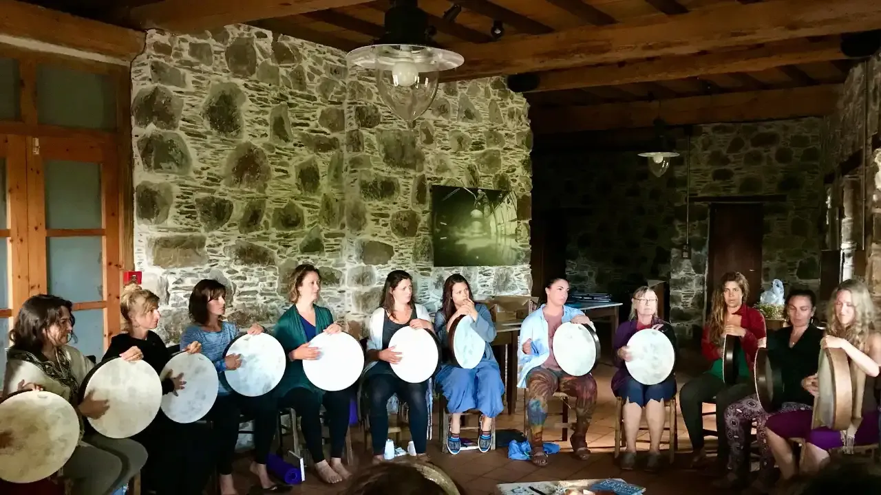 Krista Holland and a group of frame drummers on retreat in Crete, Greece