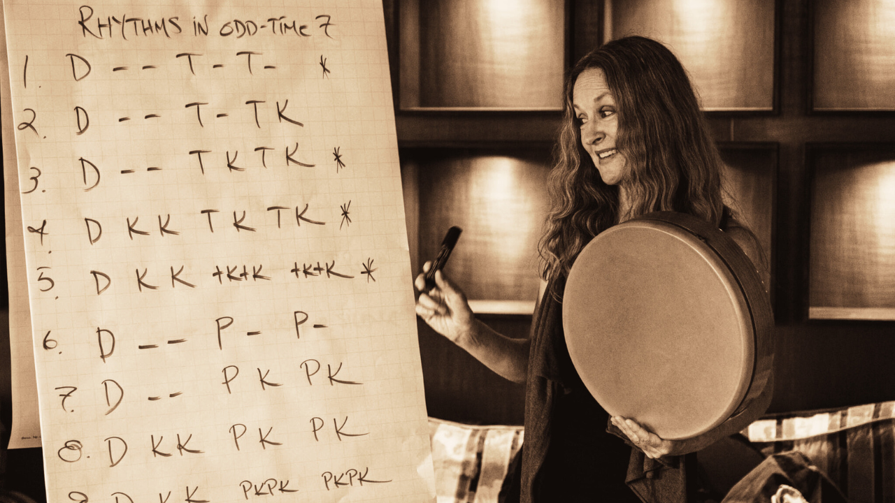 Krista Holland teacher frame drumming at the Handpan Summer Academy