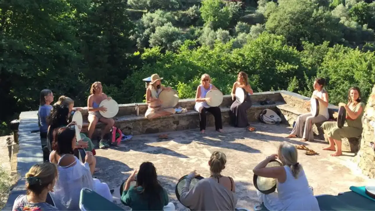 Krista Holland and frame drummers from around the world in Greece width="1280" height="720"px
