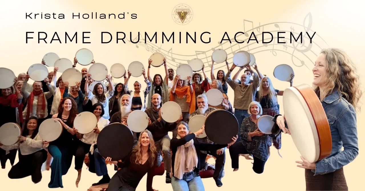 Krista Holland and a group of 30 men and women holding their frame drums and smiling 1280x670