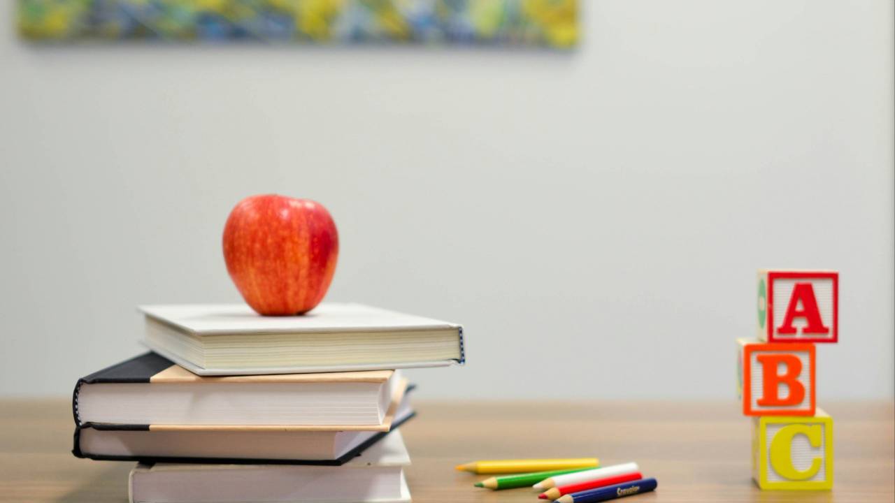 Back to school, books, apple, blocks, pencils