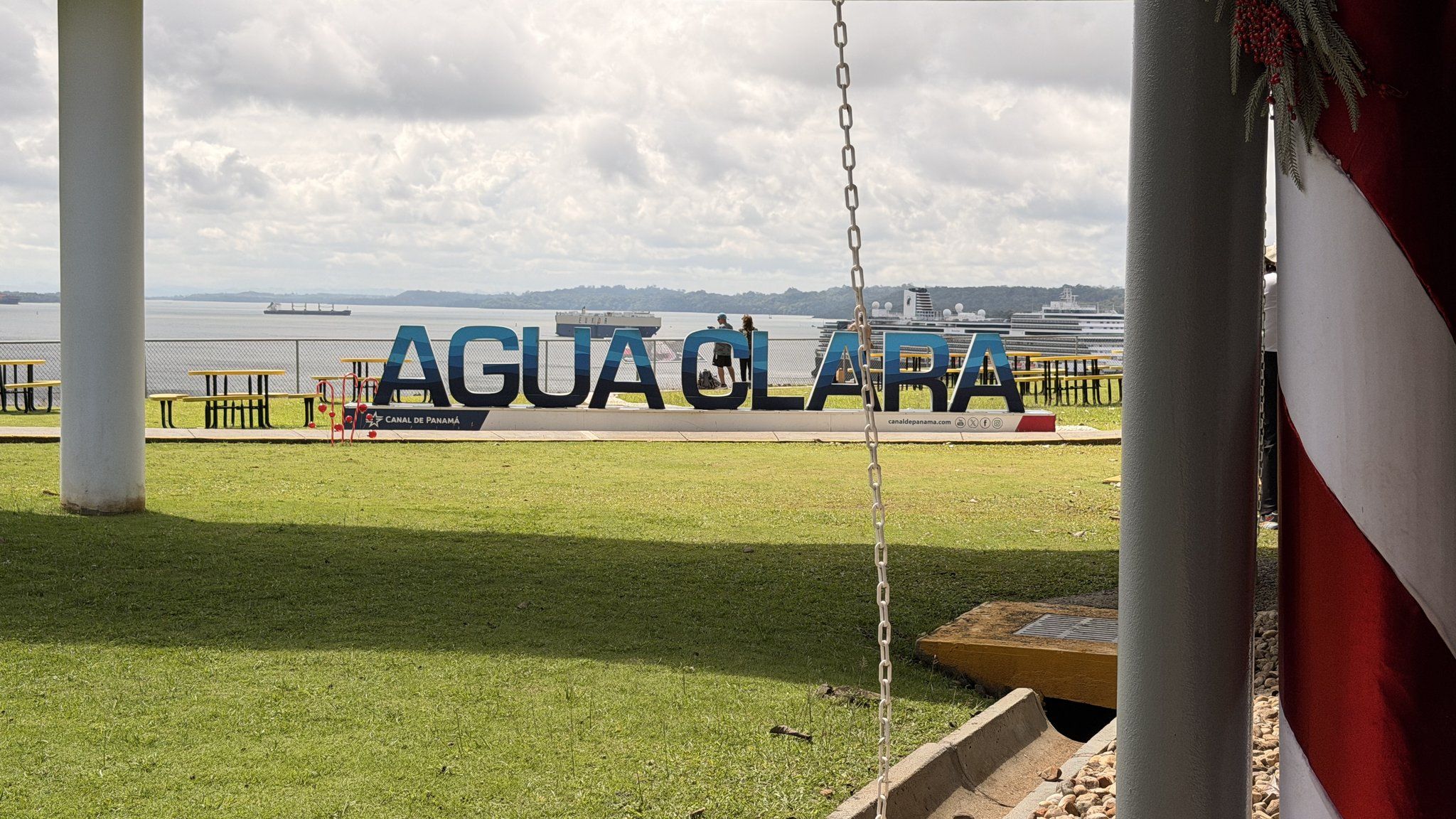 Panama Canal cruise line excursion to the Agua Clara locks: sign overlooking the transit path
