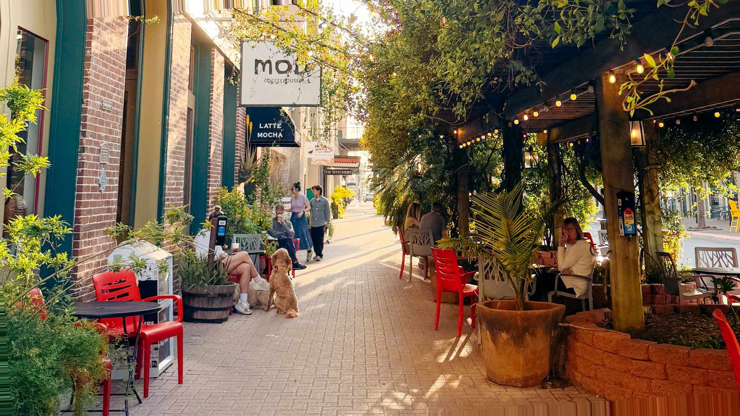 Foliage makes for a beautiful backdrop around the shops in the Strand district in Galveston, including MOD coffee shop.
