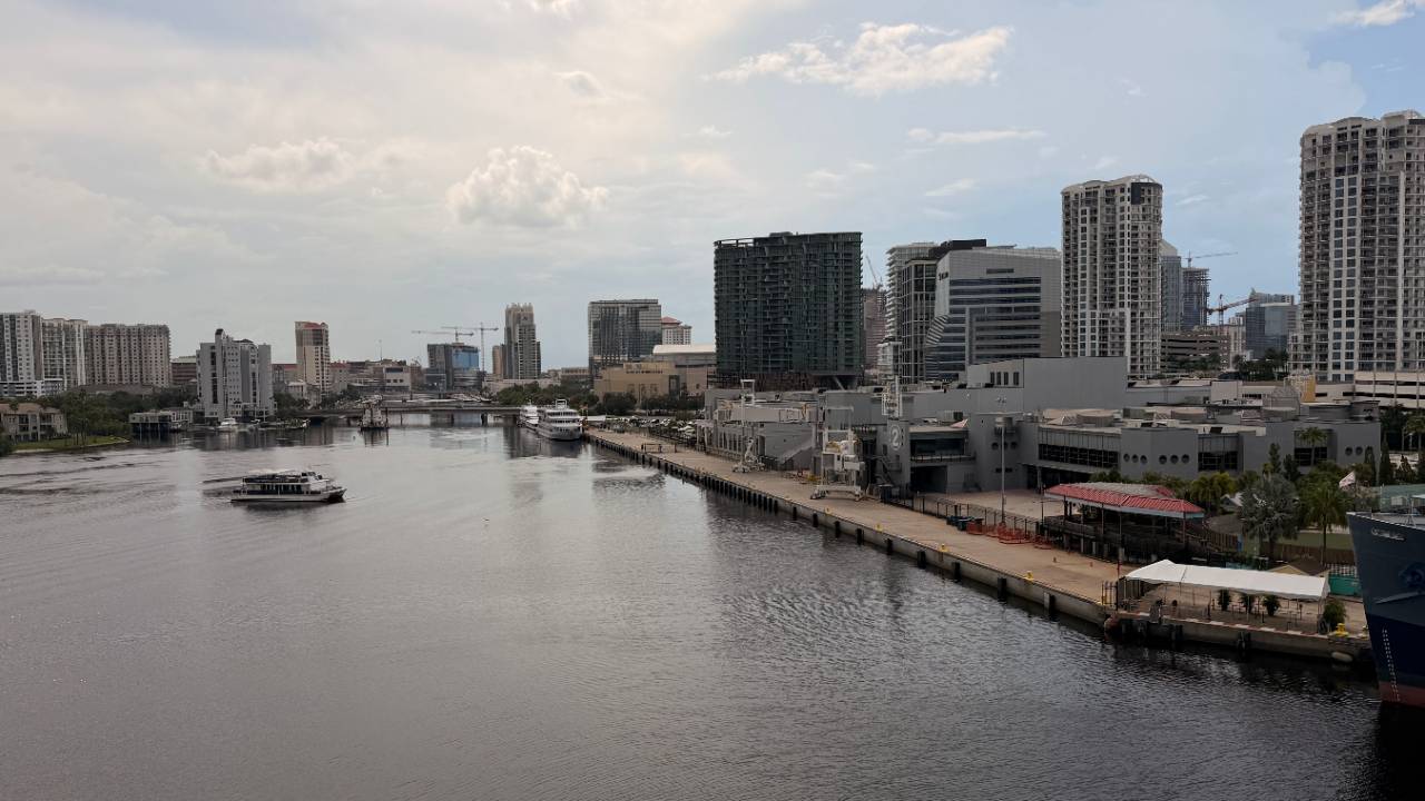 The Tampa skyline along the Channelside district, which is full of great hotels for cruisers