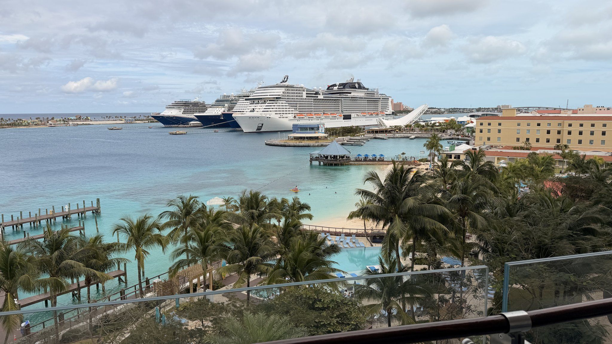 Cruise ships docked at a Caribbean island, where experienced cruisers usually go independent for their excursions