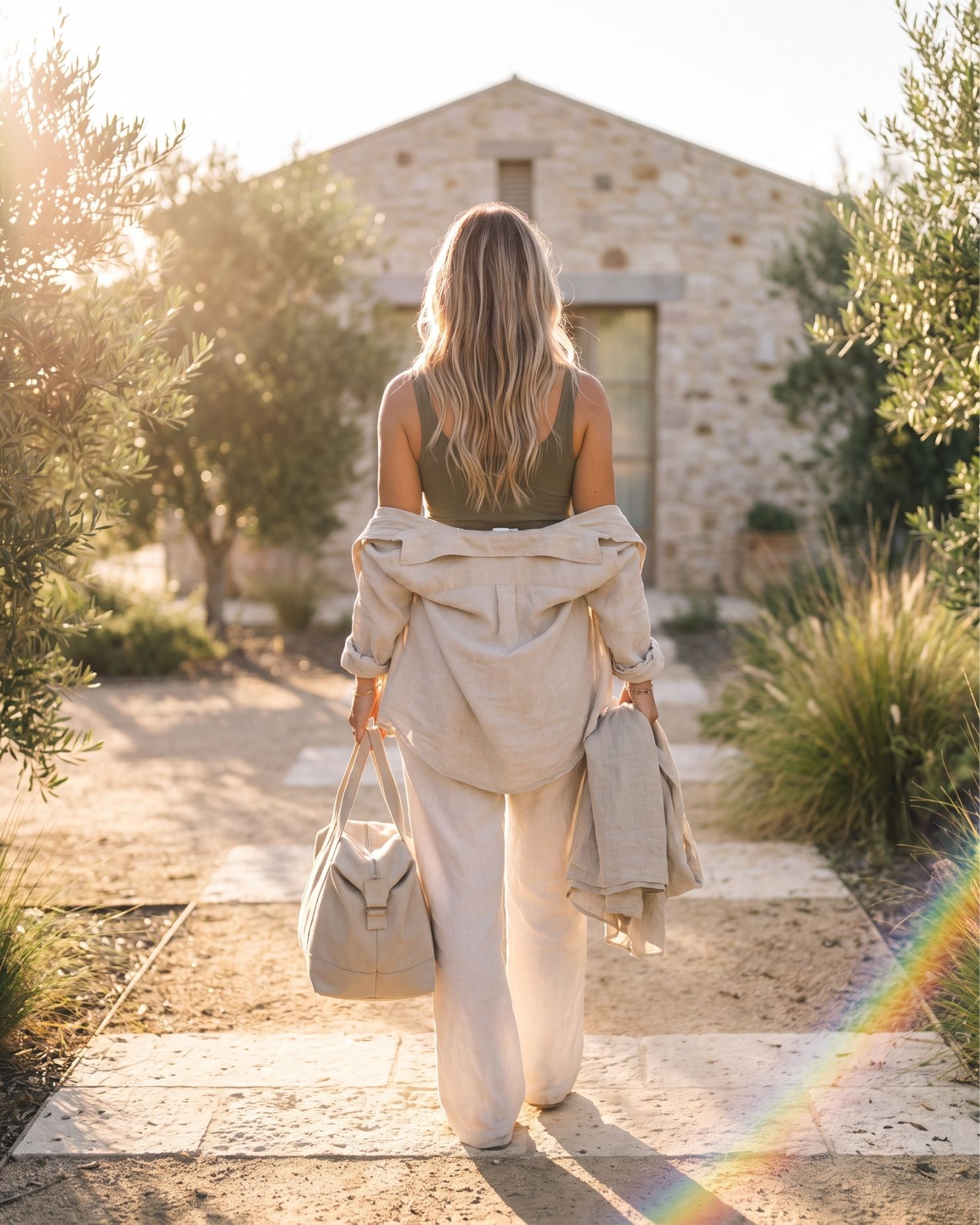 A woman walking towards a building with a bag in hand
