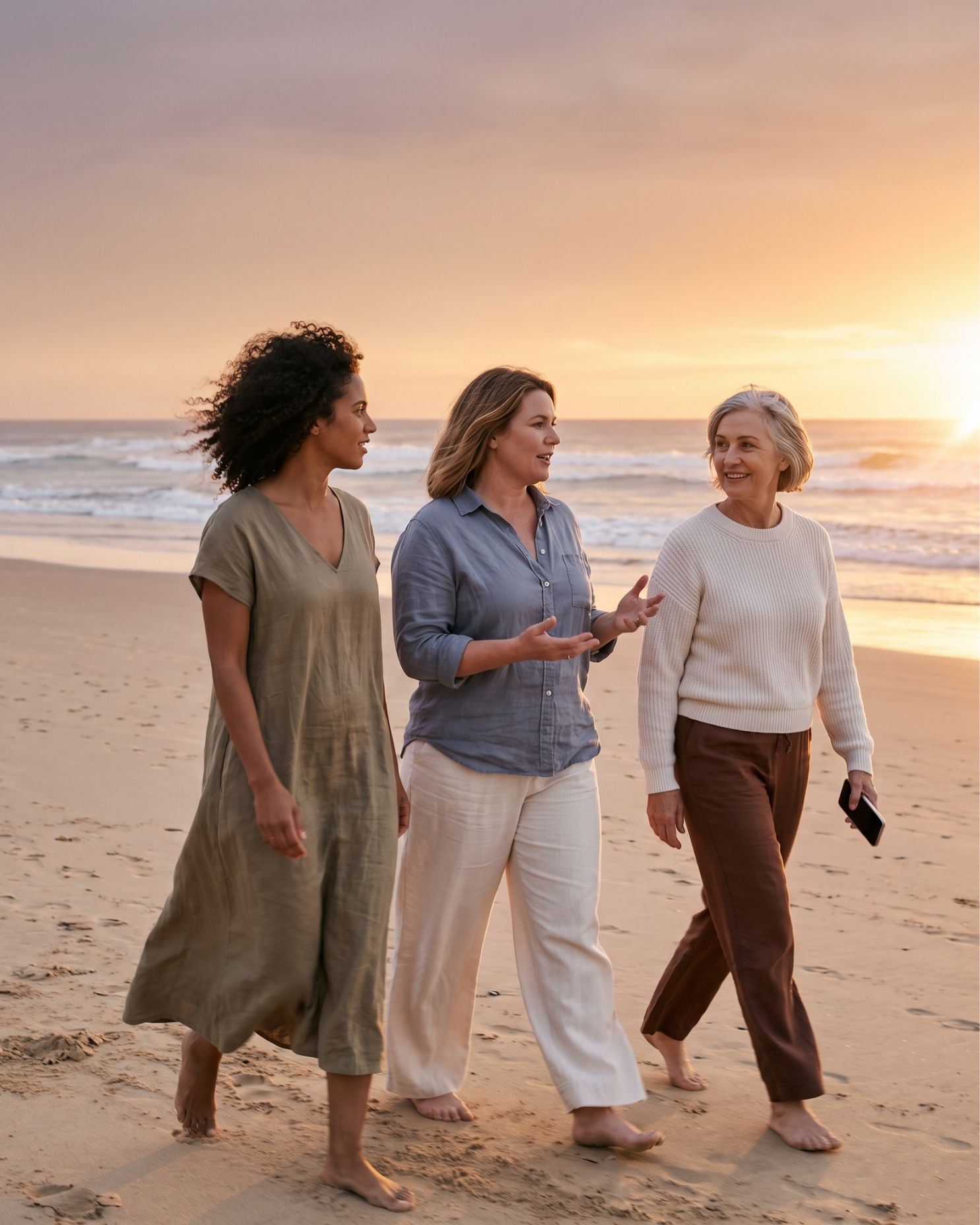 Two women in conversation on the sand at sunset