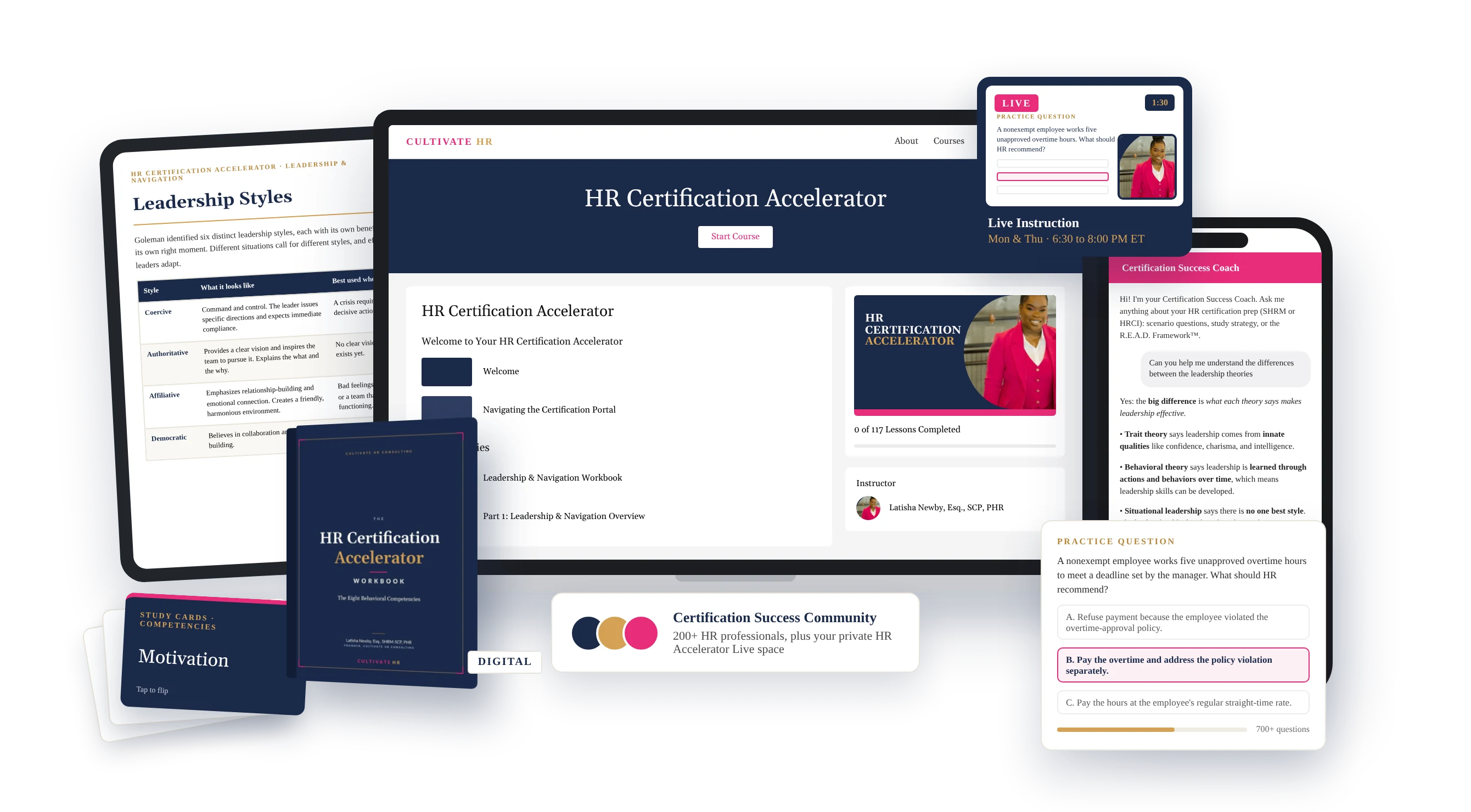 The HR Certification Accelerator: Kajabi course portal, digital workbook, Certification Success Coach, practice questions, study cards, live instruction, and community