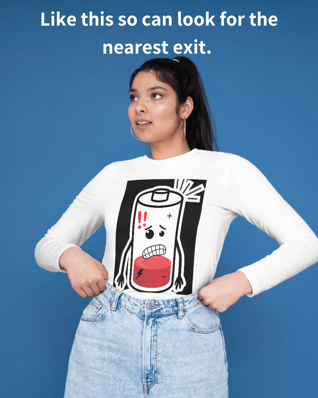 Person wearing a shirt with a low battery illustration symbolizing social overwhelm, with text about watching social battery levels at gatherings. Person wearing a shirt with a low battery illustration symbolizing social overwhelm, with text about watching social battery levels at gatherings.