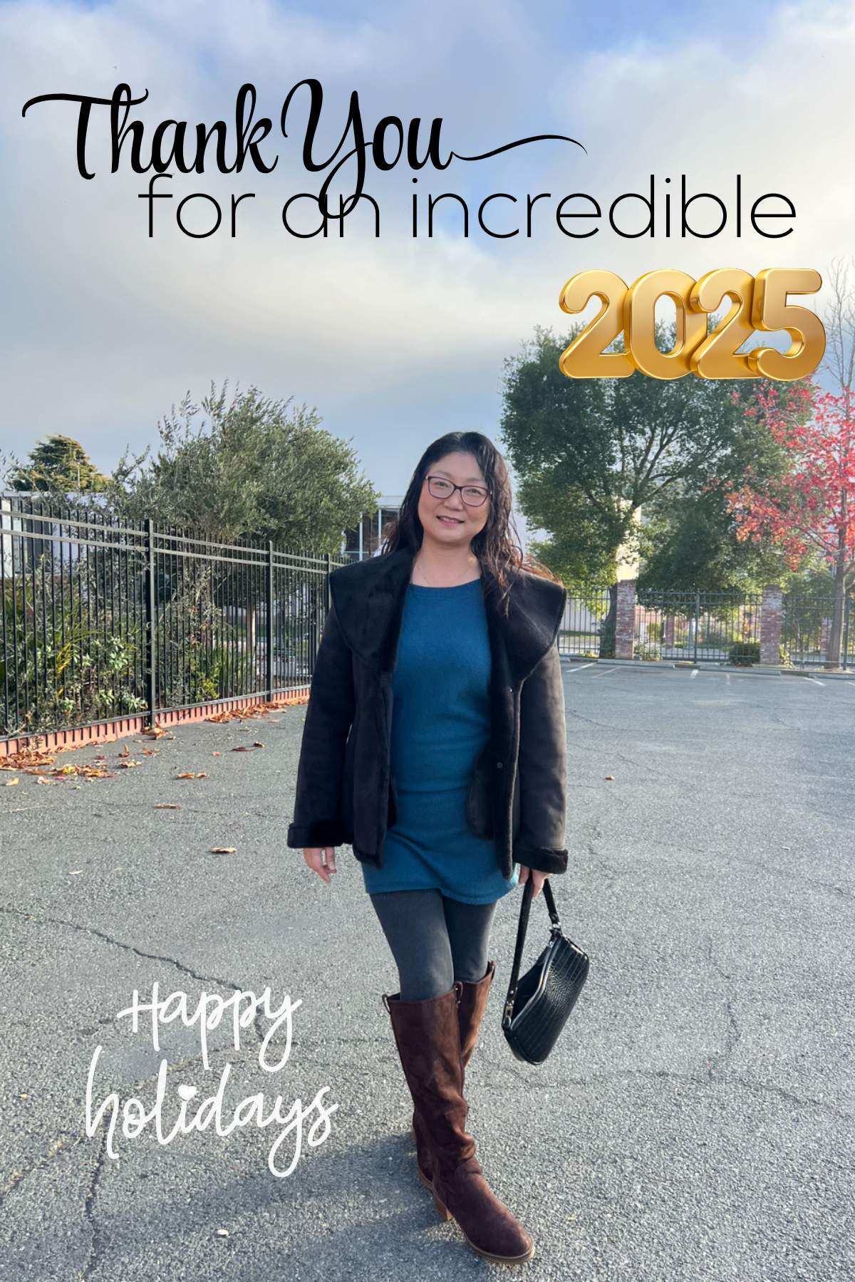 Noriko Abenojar of Parenting REdefined standing outdoors on a paved walkway, wearing a teal dress, dark jacket, and brown boots, smiling and holding a black handbag. Text on the image reads ‘Thank You for an incredible 2025’ and ‘Happy holidays,’ with trees and a bright sky in the background. Noriko Abenojar of Parenting REdefined standing outdoors on a paved walkway, wearing a teal dress, dark jacket, and brown boots, smiling and holding a black handbag. Text on the image reads ‘Thank You for an incredible 2025’ and ‘Happy holidays,’ with trees and a bright sky in the background.