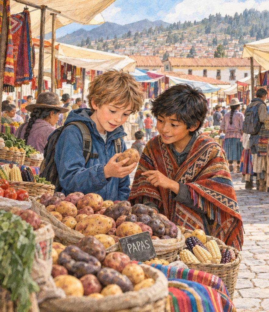 Illustrasjon: To gutter ved en markedsbod med poteter og mais i Cusco. Den ene holder en potet, den andre peker.