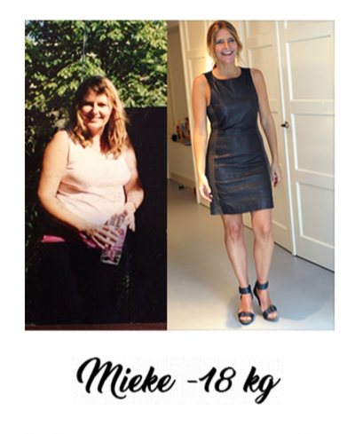 Mieke voor en na, 18 kilo eraf