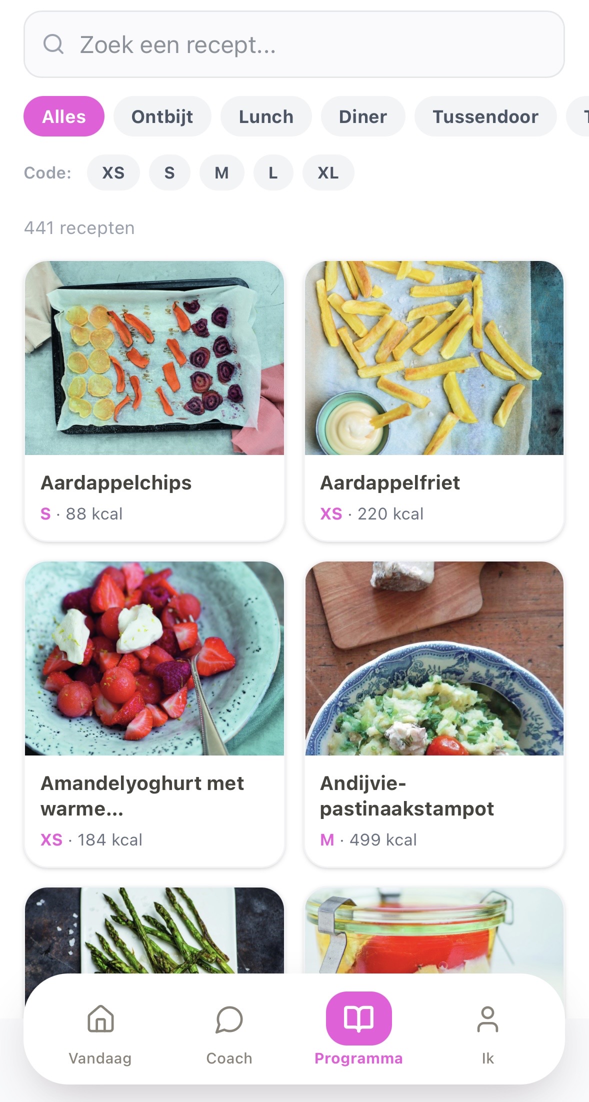 Het receptenoverzicht in de app, 441 recepten met filters