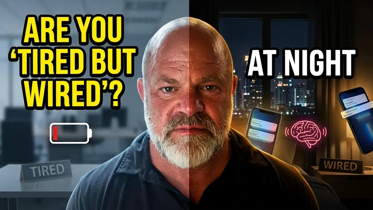 Man looking exhausted at night with text reading “Are you tired but wired?” showing low battery, phone notifications, and wired brain imagery.