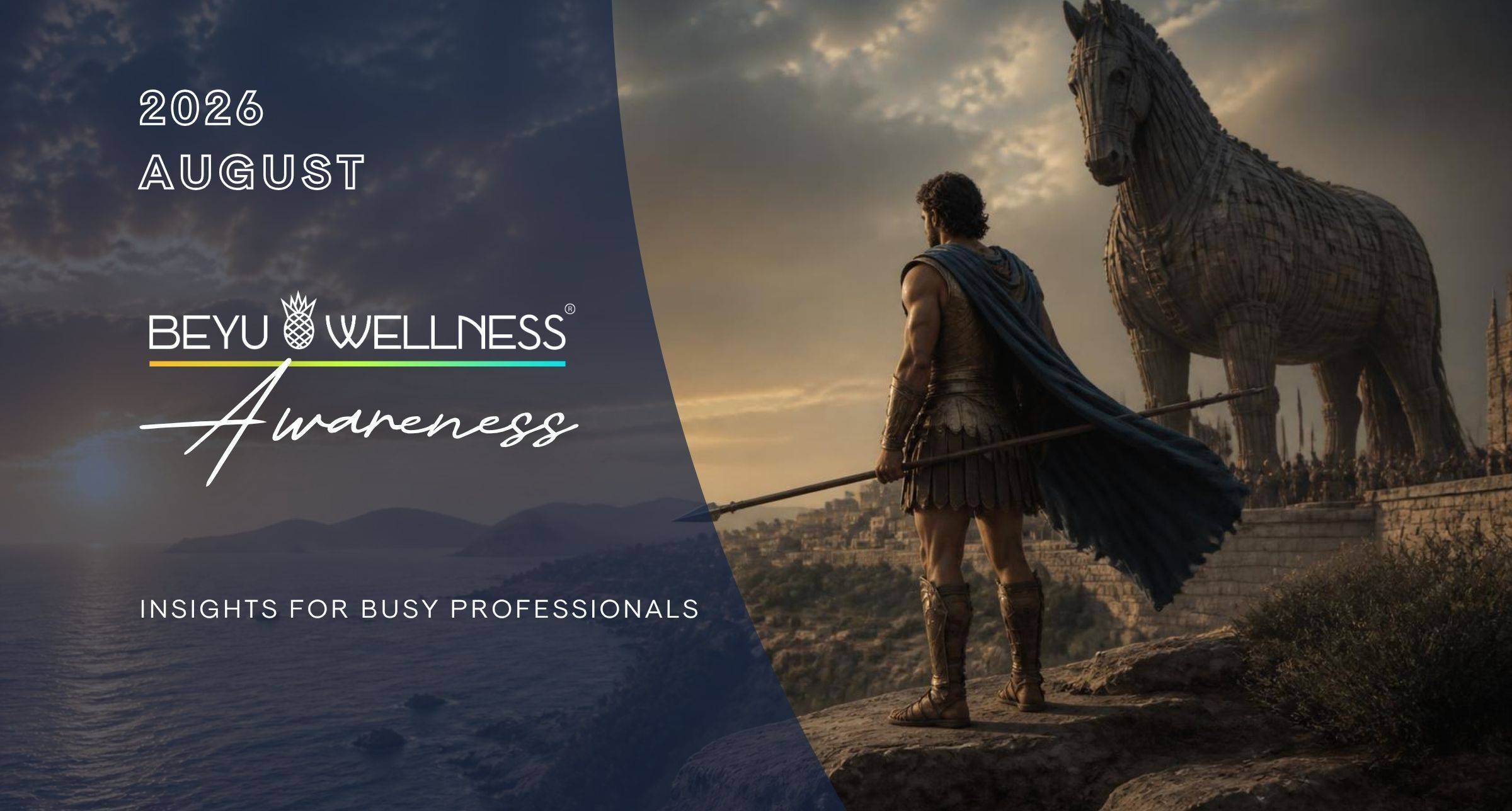 BeYu Wellness August 2026 newsletter banner featuring Odysseus overlooking Troy beside the Trojan Horse.