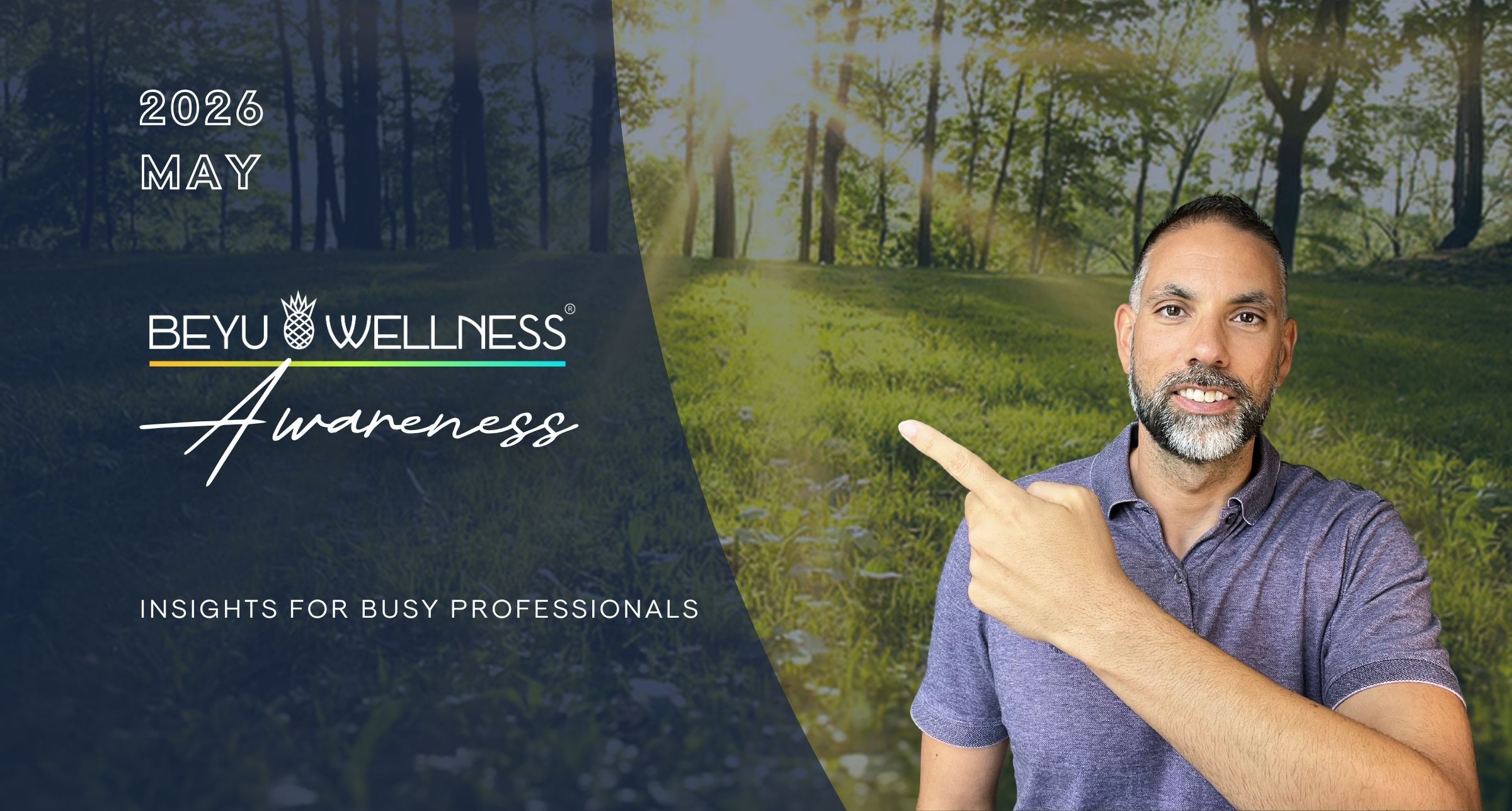 BeYu Wellness Awareness May 2026 banner featuring Benan Yuceer pointing toward the newsletter title, offering career, mindset, and wellness insights for busy professionals.