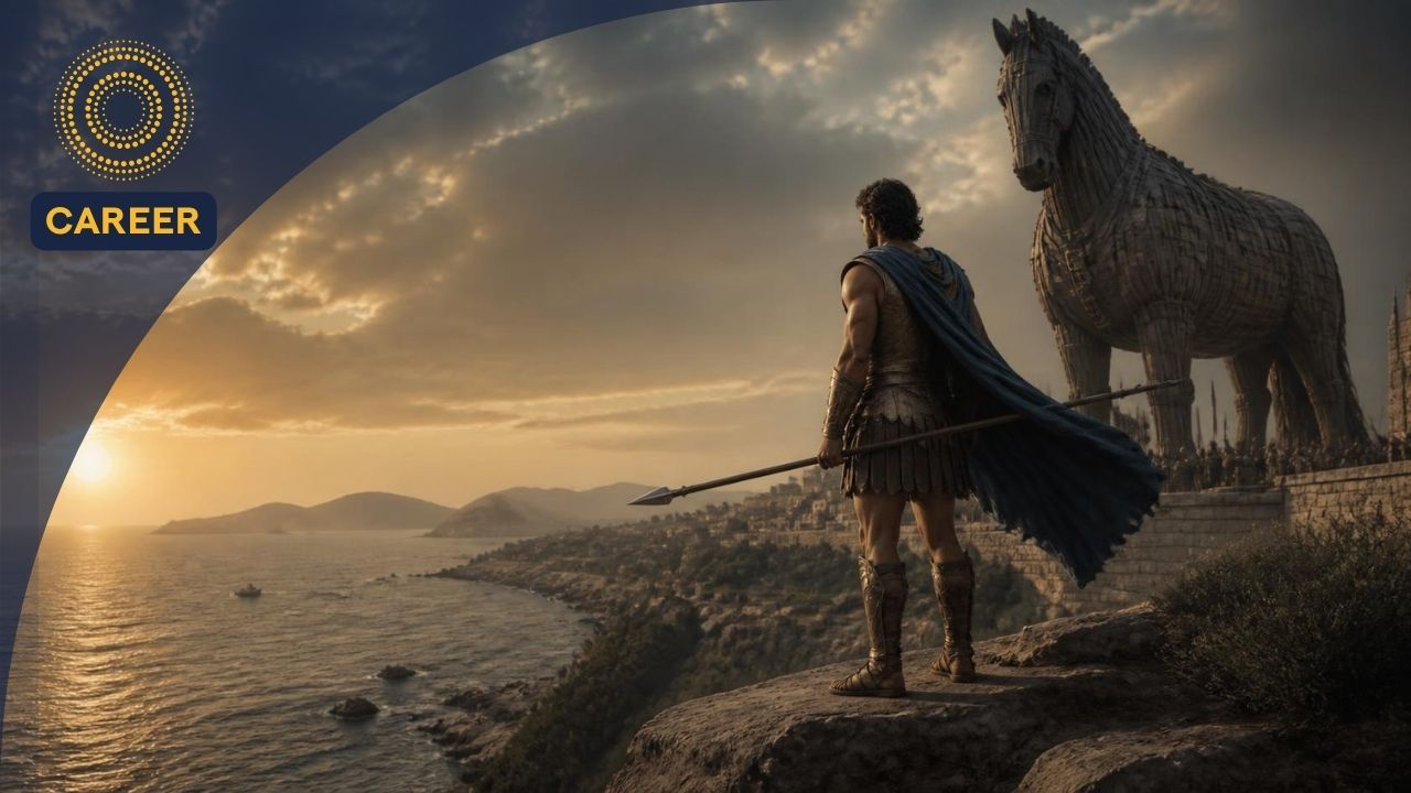 Odysseus stands on a cliff overlooking the Aegean Sea beside the legendary Trojan Horse at sunset, symbolizing the beginning of his journey home.