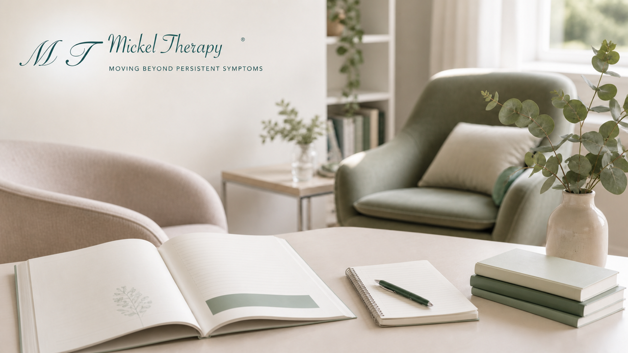 A calm Mickel Therapy Coach Training setting with two chairs, an open training manual and greenery