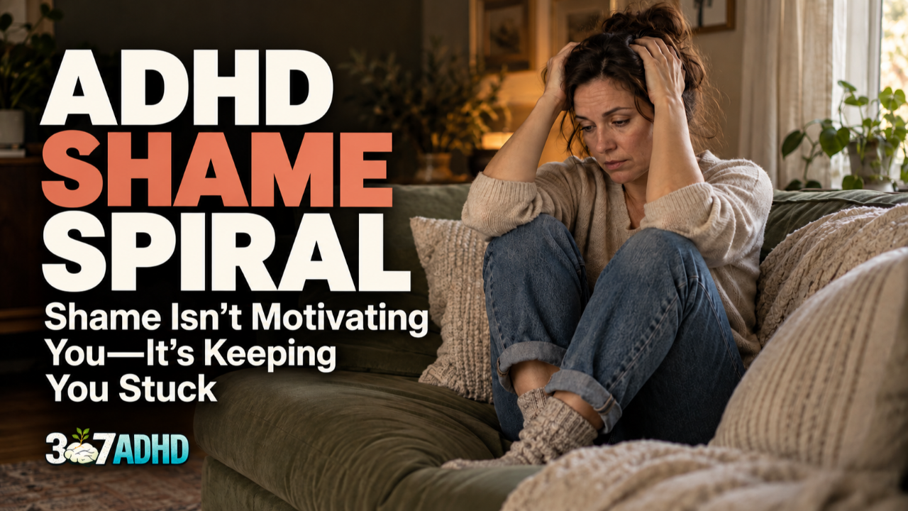 Woman curled up on a couch with her head in her hands beside the title “ADHD Shame Spiral: Shame Isn’t Motivating You—It’s Keeping You Stuck” and the 307 ADHD logo.