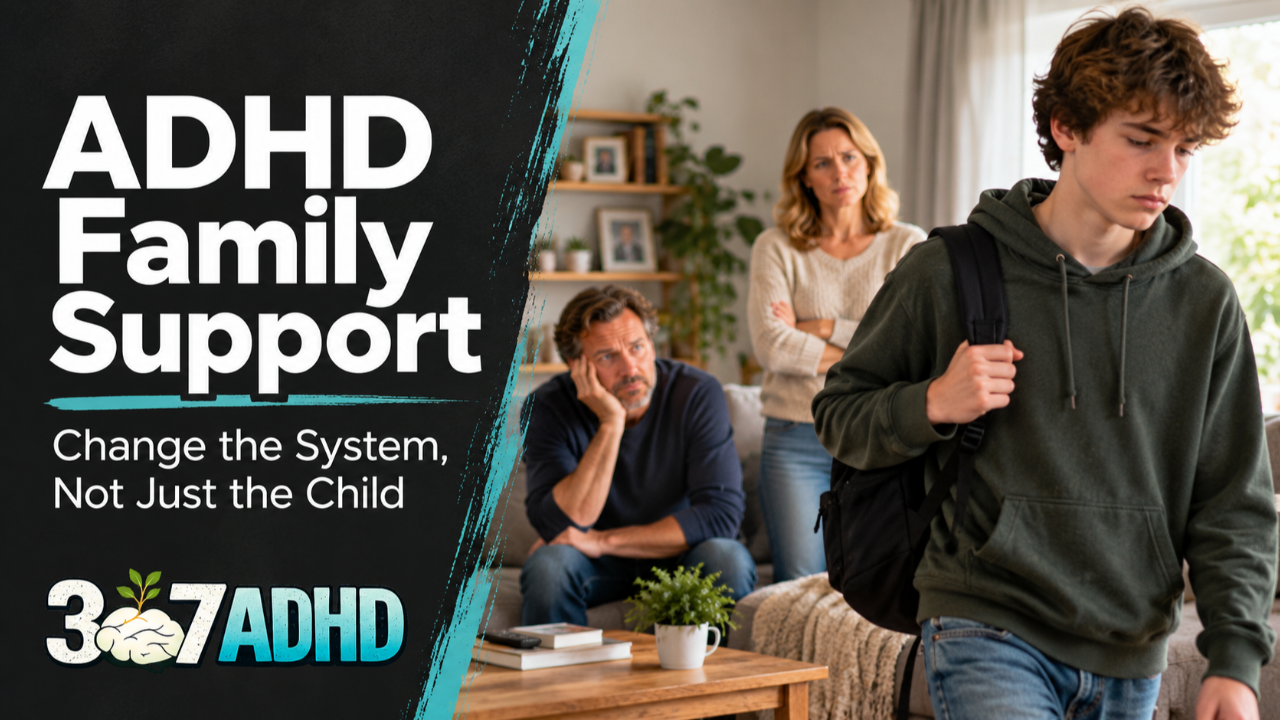 Teen walking away from frustrated parents beside the title “ADHD Family Support: Change the System, Not Just the Child” and the 307 ADHD logo.