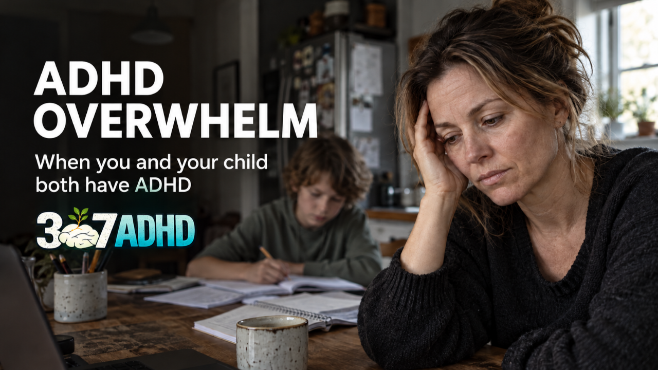 Overwhelmed mother resting her head in her hand while her child does homework behind her, with text “ADHD Overwhelm” and the 307 ADHD logo.