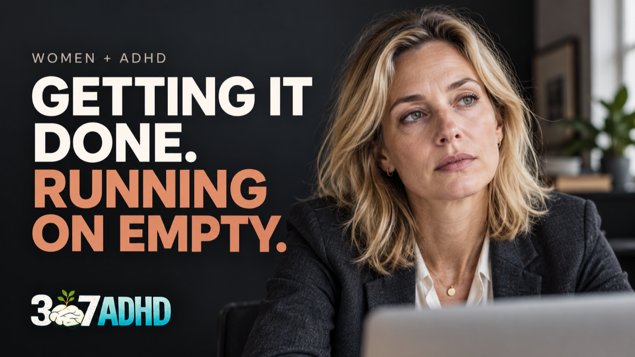Blonde professional woman with a tired, distant expression at her laptop beside the words “Getting it done. Running on empty.” and the 307 ADHD logo.