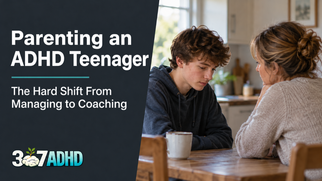 Mother listening to her teenage son at a kitchen table beside the title “Parenting an ADHD Teenager: The Hard Shift From Managing to Coaching” and the 307 ADHD logo.