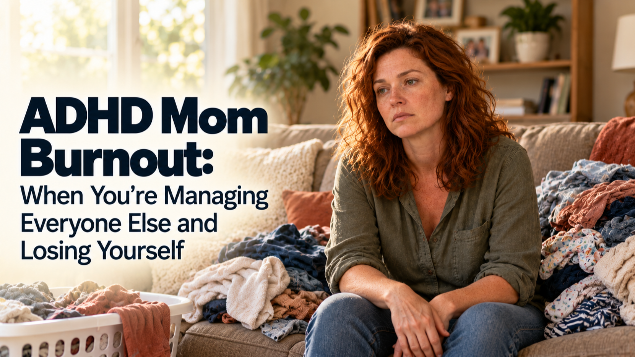Exhausted mom sitting on a couch surrounded by unfolded laundry, illustrating ADHD mom burnout and the strain of managing family responsibilities.