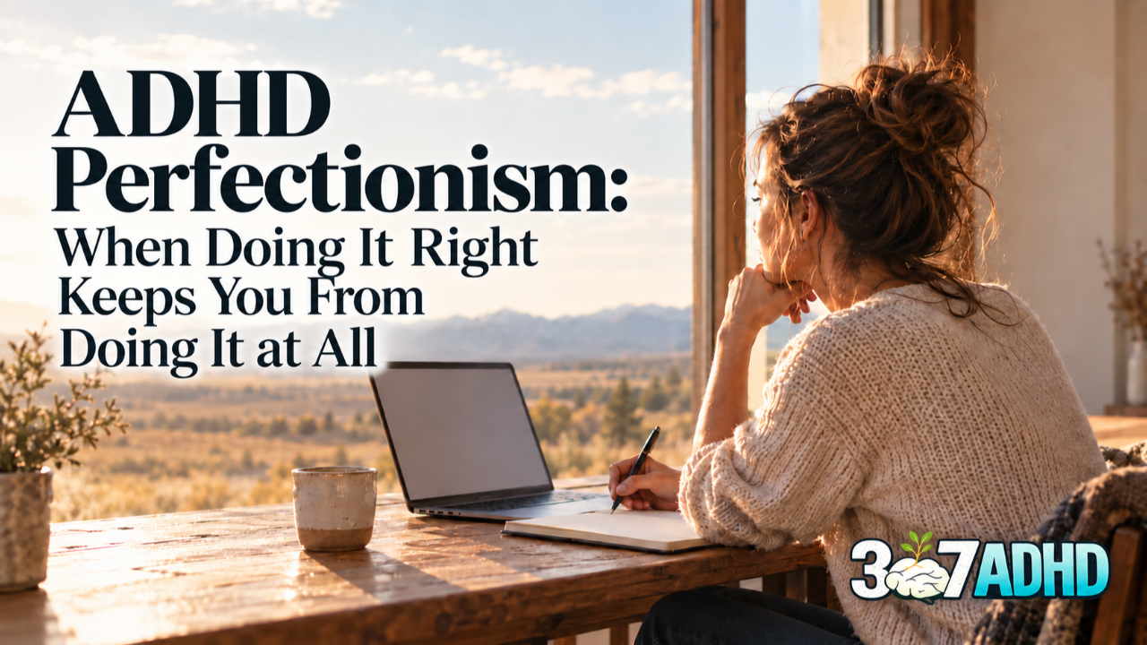 Woman at a table overlooking a sunlit landscape, with the title “ADHD Perfectionism: When Doing It Right Keeps You From Doing It at All” and a small 307 ADHD logo.