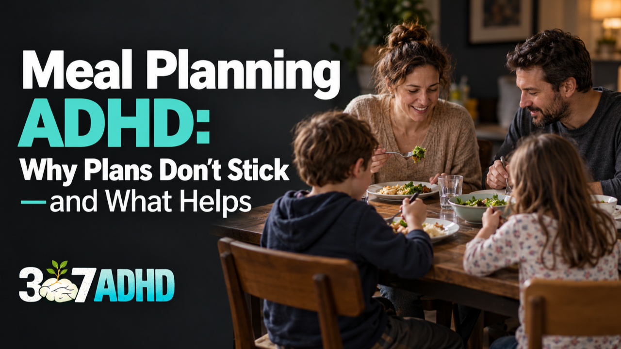 Family of four eating dinner beside the title “Meal Planning ADHD: Why Plans Don’t Stick—and What Helps” and the 307 ADHD logo on a dark background.