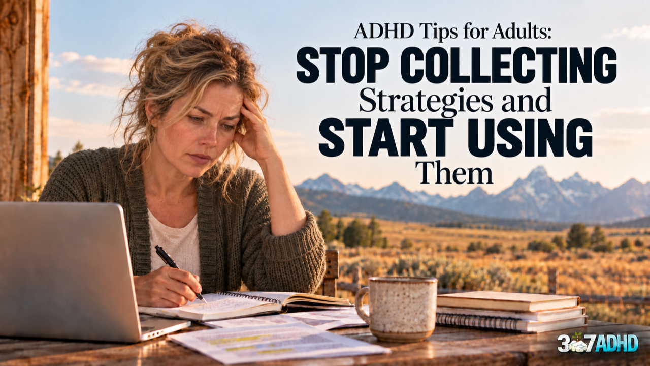Woman reviewing notes beside a laptop, with mountains in the background. Text reads: “ADHD Tips for Adults: Stop Collecting Strategies and Start Using Them."