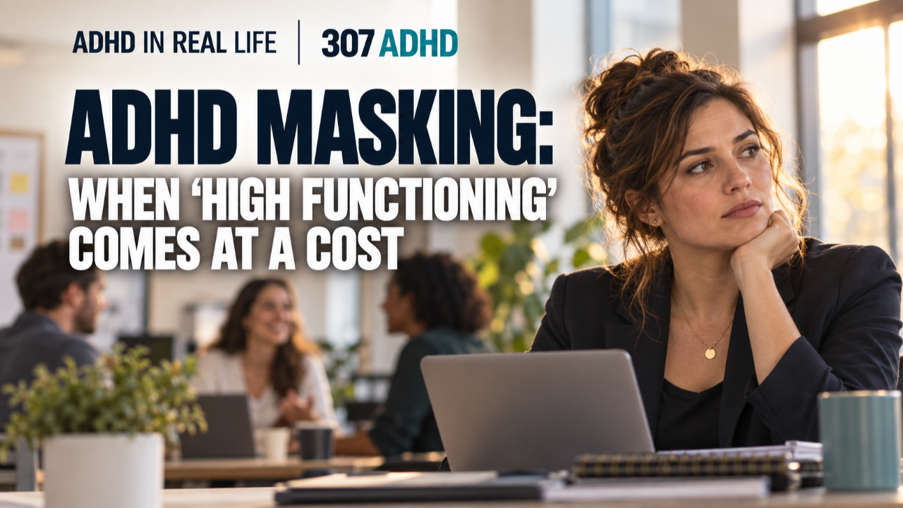 Woman appearing composed at work while feeling isolated, illustrating ADHD masking and the hidden cost of being seen as high functioning.