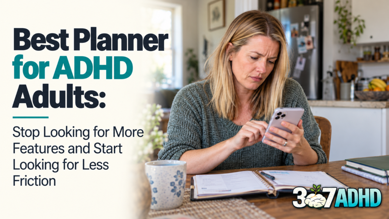 Blonde woman looking confused while scrolling her phone beside an open planner, with the title “Best Planner for ADHD Adults” and the 307 ADHD logo.