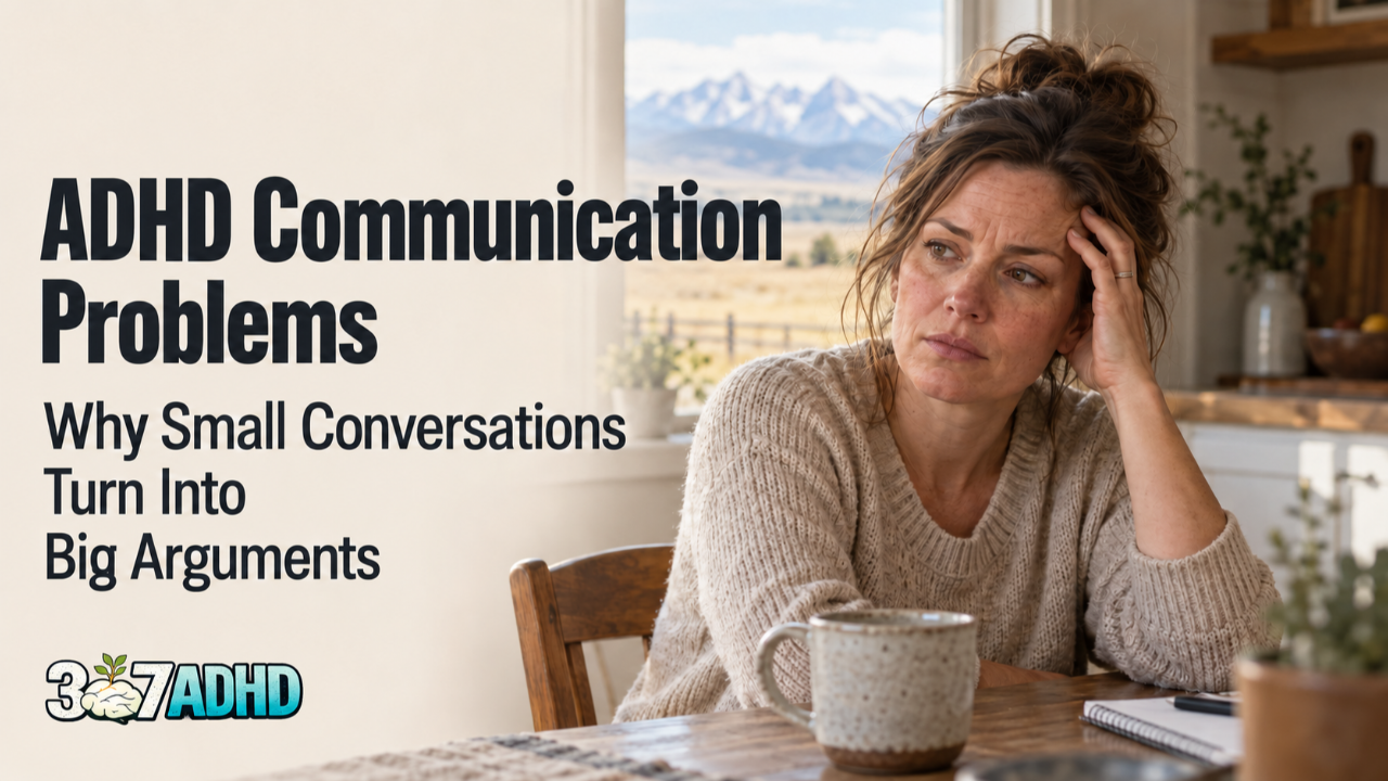 woman at table looking frustrated with the phrase ADHD Communication problems