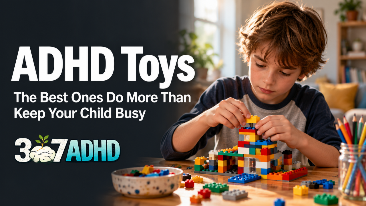 Child building with colorful LEGO bricks beside the title “ADHD Toys: The Best Ones Do More Than Keep Your Child Busy” and the 307 ADHD logo.