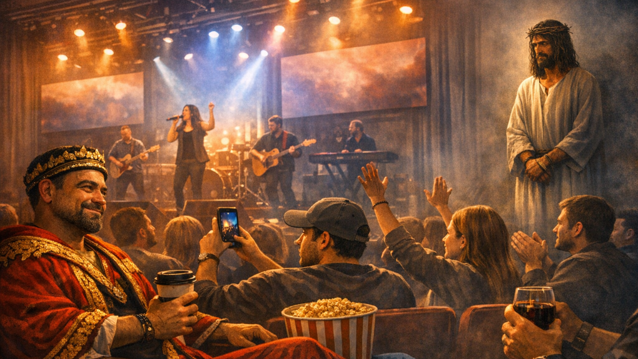 Church focused on performance while Jesus stands unnoticed in the shadows.