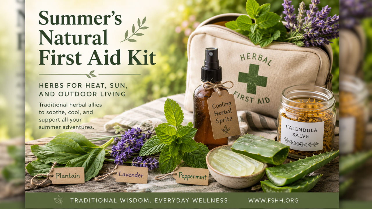 **Alt Attribute:**  `An herbal first aid kit surrounded by fresh peppermint, lavender, plantain, aloe vera, calendula salve, and a cooling herbal spritz illustrates natural remedies for summer wellness. The Florida School of Holistic Health graphic highlights herbs that help soothe heat, sun exposure, and outdoor adventures.`