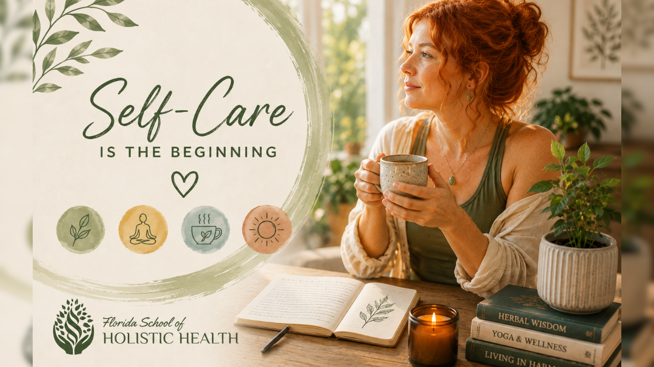 **Alt Attribute:**  `A woman enjoys a quiet self-care moment with a warm cup of tea in a cozy, plant-filled space beside a journal, candle, and herbal wellness books. The Florida School of Holistic Health graphic features the message "Self-Care Is the Beginning" with icons representing nature, meditation, herbal tea, and mindfulness.`